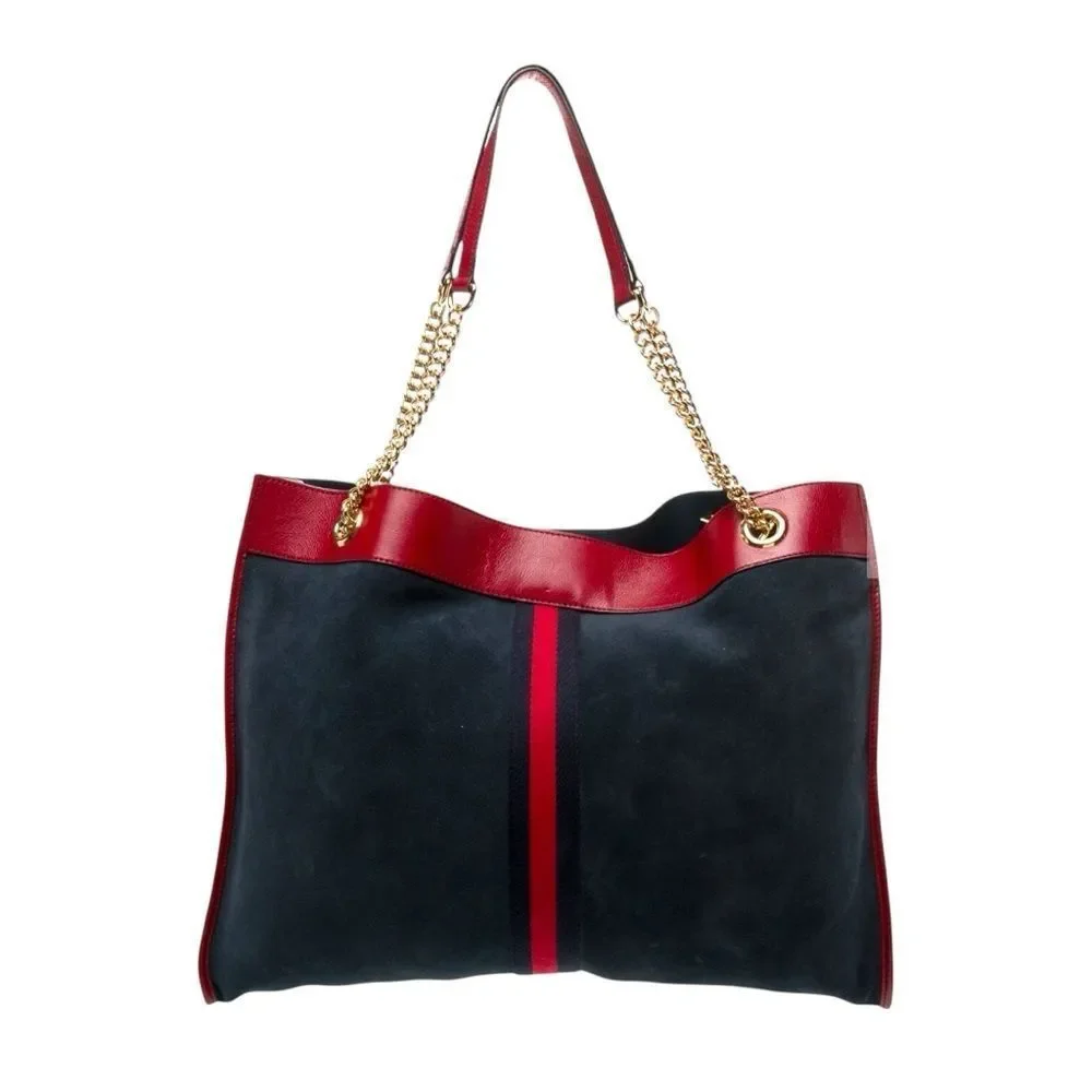GUCCI Navy Blue Suede & Red Leather Trim Large Sylvie Web Rajah Tote Bag